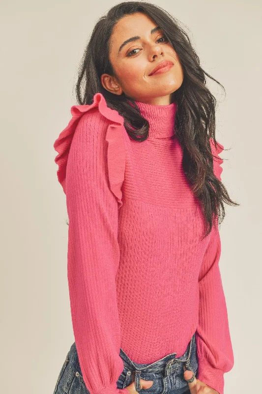 Extra Discount Deep Pink Shoulder Ruffle Turtleneck Sweater