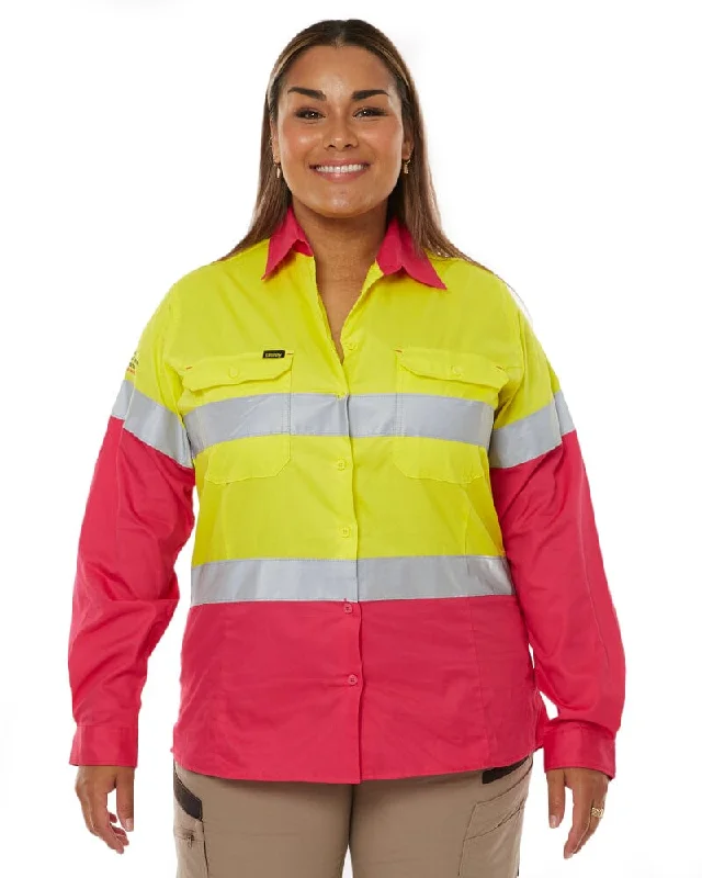 Savings Soar This Weekend Womens Taped Hi Vis Cool Lightweight LS Drill Shirt - Yellow/Pink