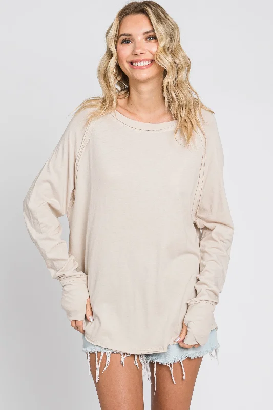 Weekend Bargains to Love Beige Exposed Seam Long Sleeve Top