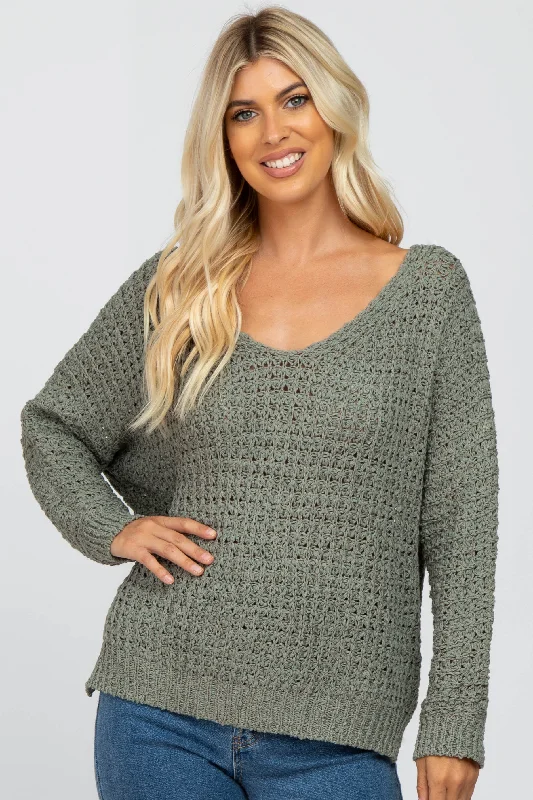 Weekend Savings Delight Olive V-Neck Side Slit Thick Knit Sweater