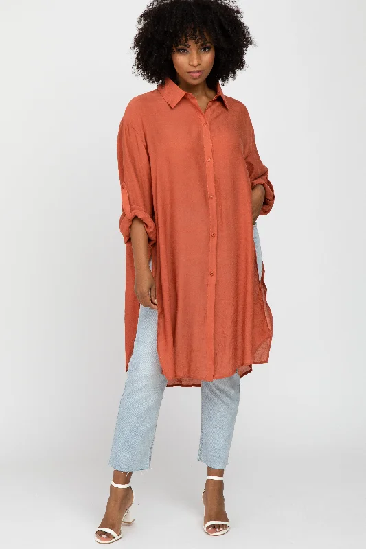 Quick Sale Rust Button Front Side Slit Oversized Blouse
