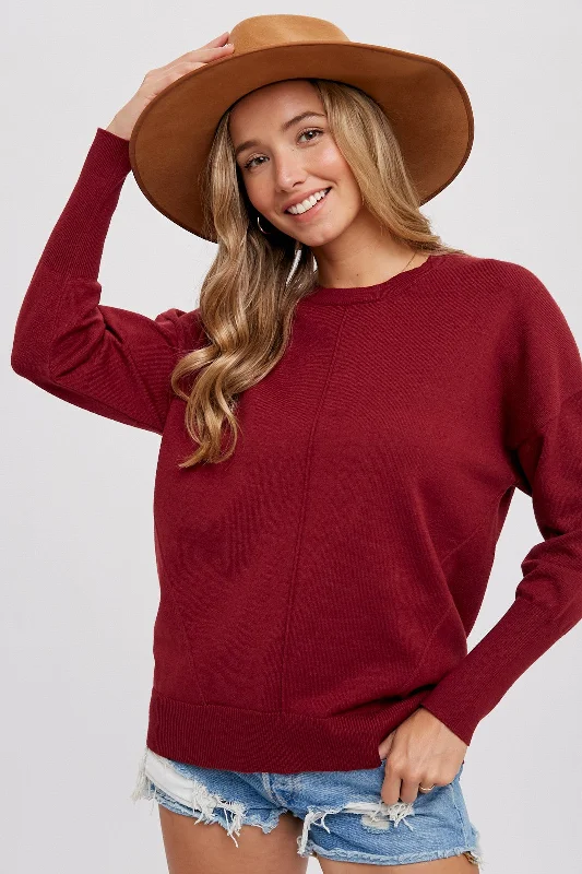 Weekend Savings Extravaganza Burgundy Rib Knit Exposed Seam Sweater