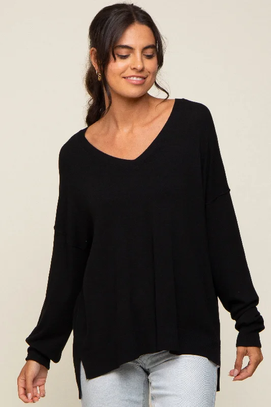 One-Day Only Black Knit V-Neck Long Sleeve Top