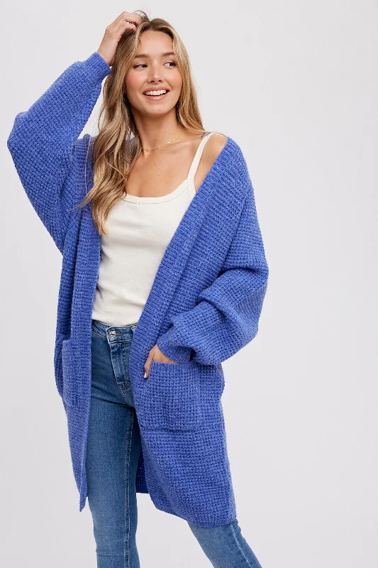 Year-End Clearance Blue Chunky Waffle Knit Cardigan