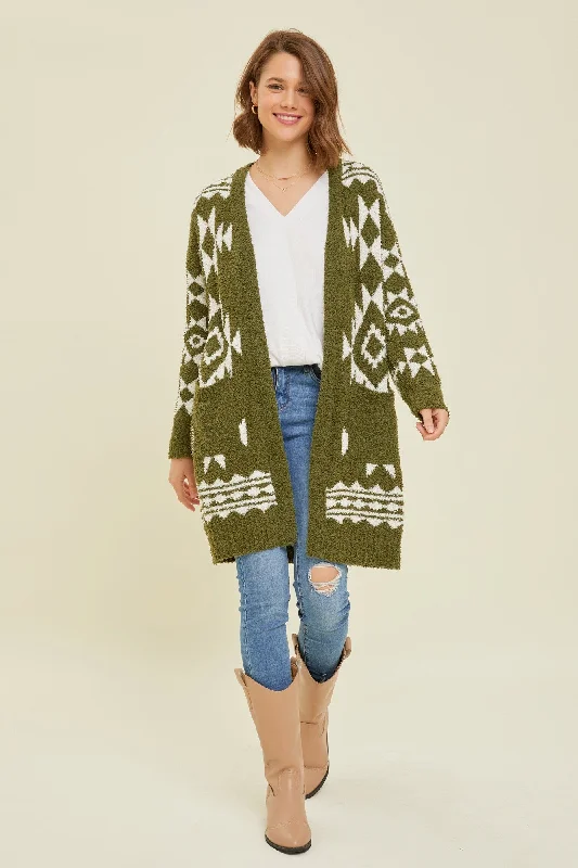 Weekend Shopping Extravaganza Olive Print Fuzzy Cardigan