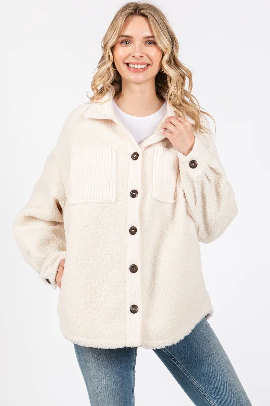 Low Cost Beige Colorblock Fleece Shirt Jacket