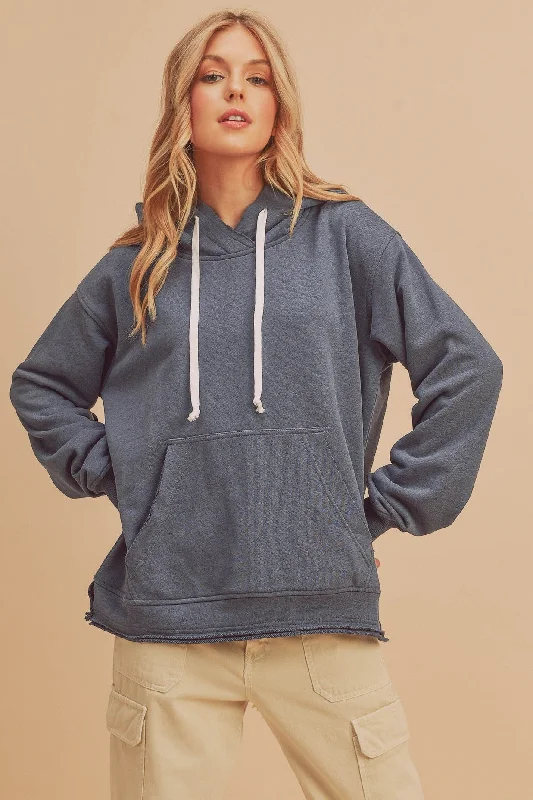 Weekend Discounts Worth Grabbing Blue Raw Edge Trim Drawstring Hoodie