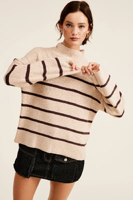 Weekend Deals to Brighten Your Day Beige Striped Mock Neck Sweater
