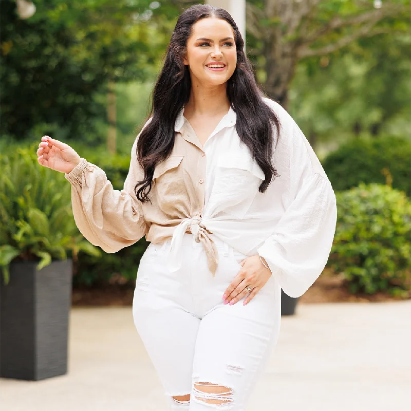 Weekend Deals That Please One More Time Again Top, White-Taupe