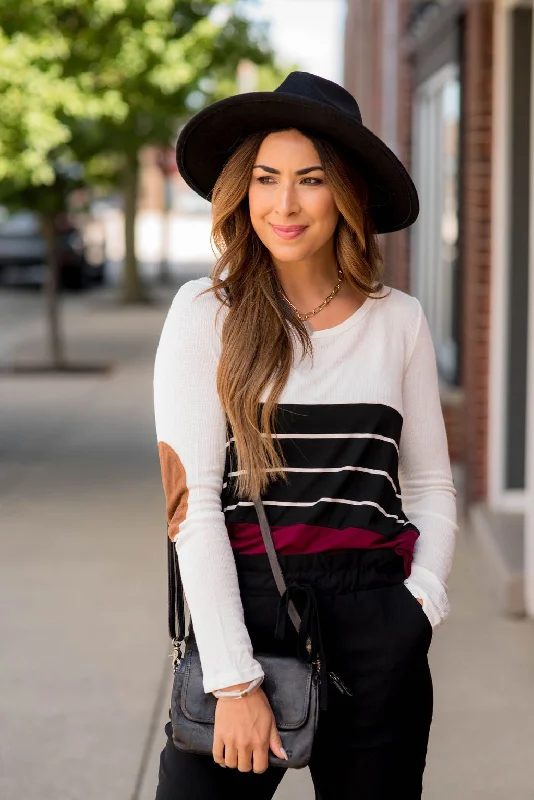 Steal Deal White/Striped/Solid Blocked Elbow Patch Tee