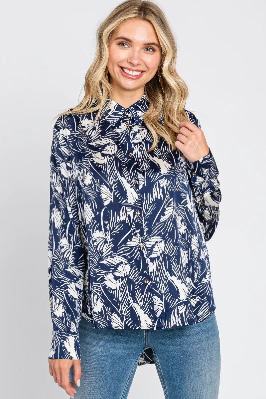 Weekend Discounts You Deserve Navy Leaf Print Satin Button Up Blouse