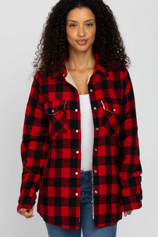 Weekend Bargains Await You Red Black Plaid Sherpa Lined Jacket