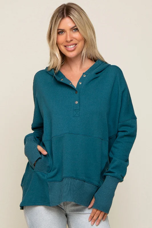 Weekend Offers That Impress Teal Button Front Ribbed Trim Hooded Sweatshirt