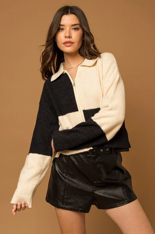 Weekend Specials to Delight Cream-Black Check Color Block Zip-Up Knit Jacket
