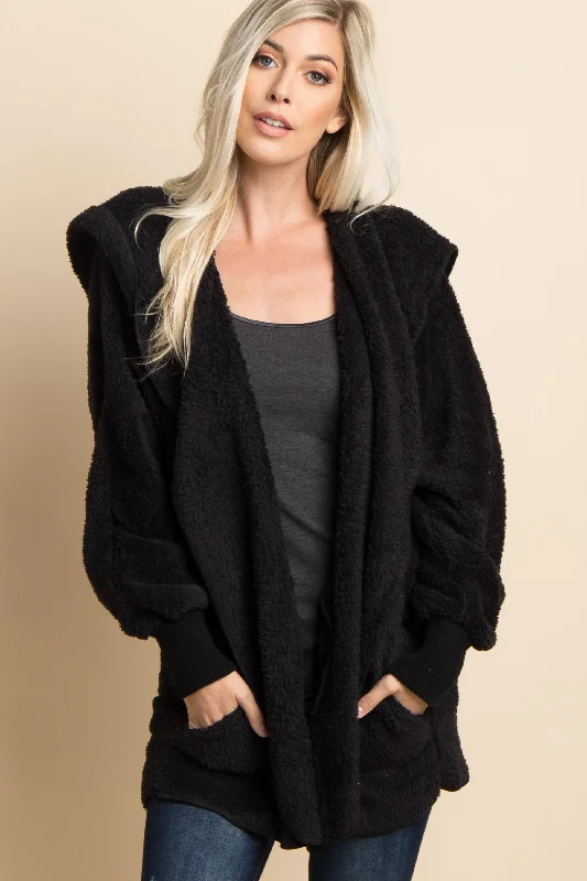 Weekend Discounts to Delight Black Fuzzy Hooded Long Sleeve Jacket