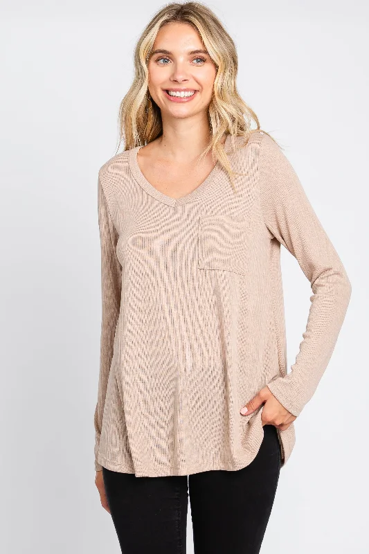 Weekend Discounts Worth Grabbing Beige Ribbed Knit Long Sleeve Top