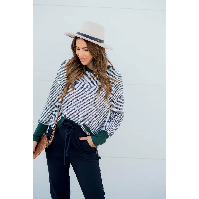 Weekend Bargains to Celebrate Two Directional Stripe Solid Trim Tee