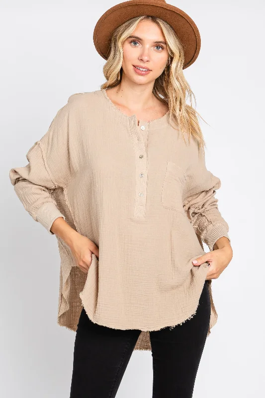 Weekend Discounts to Delight Beige Front Button Drop Shoulder Long Sleeve Top
