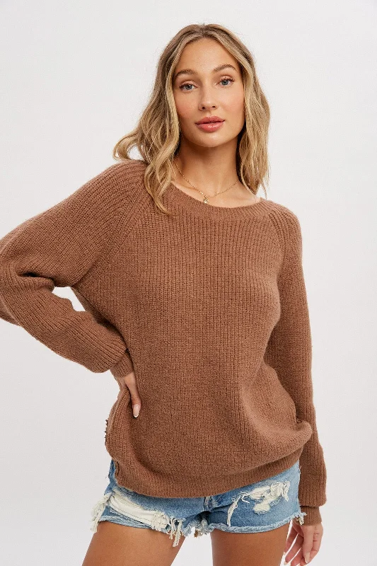 Markdown Sale Mocha Back Cutout Lace Accent Sweater