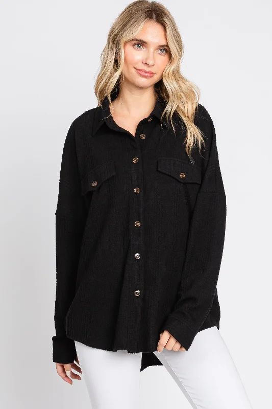 Special Buy Black Textured Button Front Collared Top