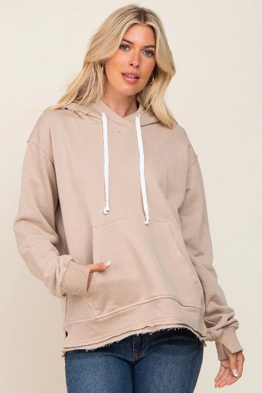 Weekend Offers That Shine Beige Raw Edge Trim Drawstring Hoodie