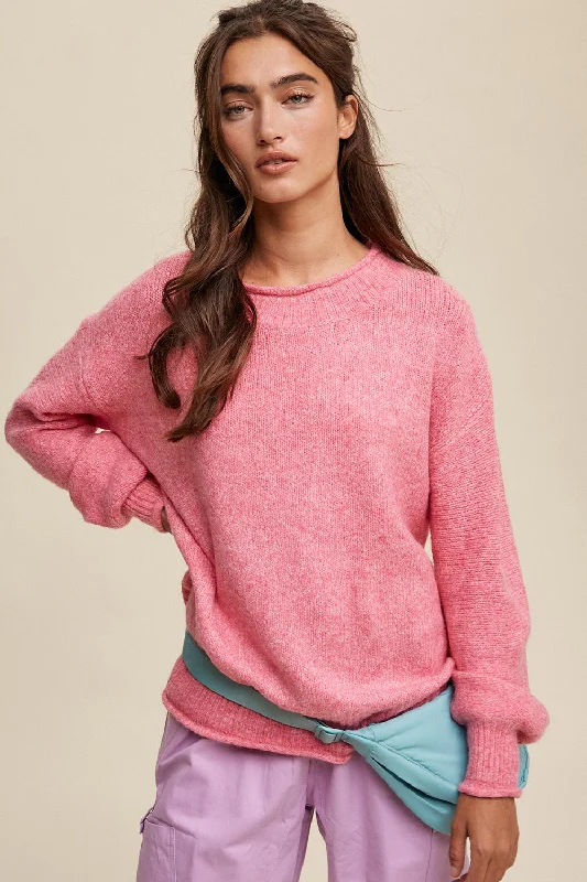 Weekend Savings Bonanza Pink Soft Knit Rolled Hem Sweater
