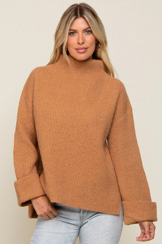 Weekend Savings Bonanza Camel Mock Neck Chunky Knit Sweater