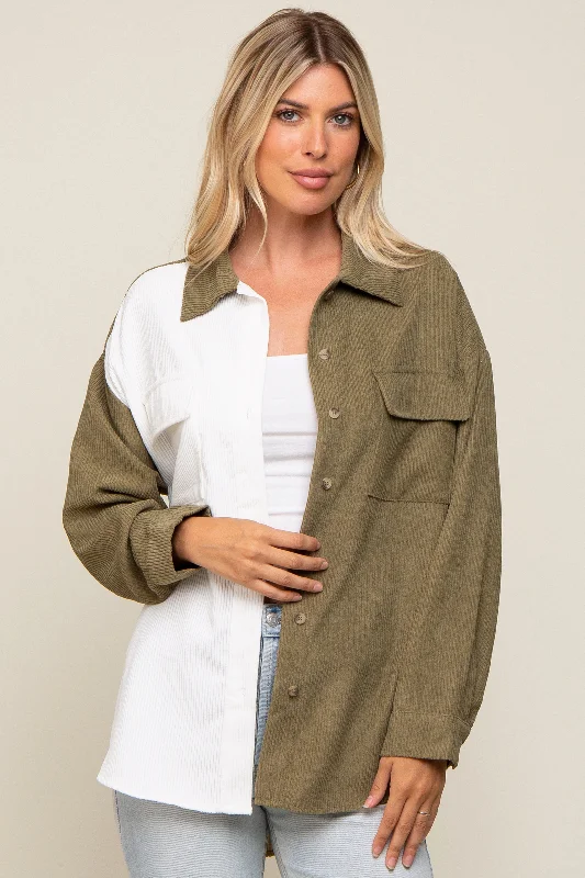 Weekend Savings Delight Olive Color blocked Courdoroy Button Down Top