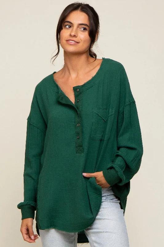 The Best Deal Forest Green Lightweight Button Front Tunic Top