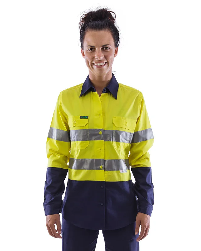 Amazing Value Womens L/S Hi Vis Lightweight Taped Cotton Shirt (3 Pack) - Yellow/Navy