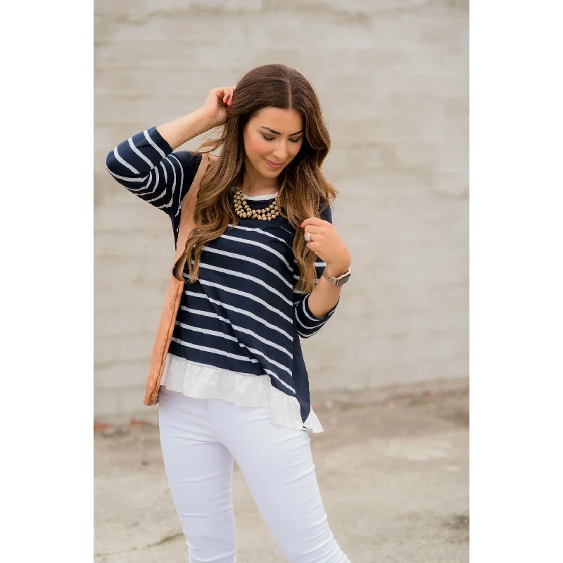 Weekend Steals Await Back Ruffle Tie Striped Tee