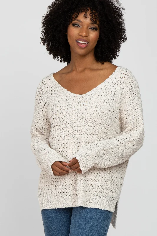 Weekend Deals to Make You Smile Ivory V-Neck Side Slit Thick Knit Sweater