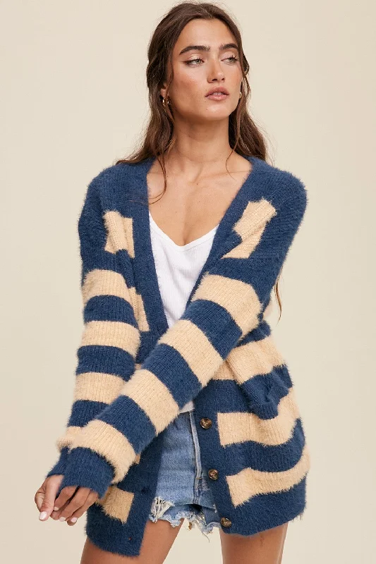 Weekend Wonders Await! Navy Blue Striped Fuzzy Cardigan