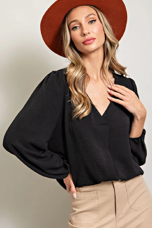 Special Offer Black Long Puff Sleeve Blouse Top