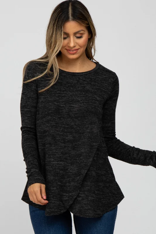 Super Deal Black Heather Knit Layered Front Nursing Top