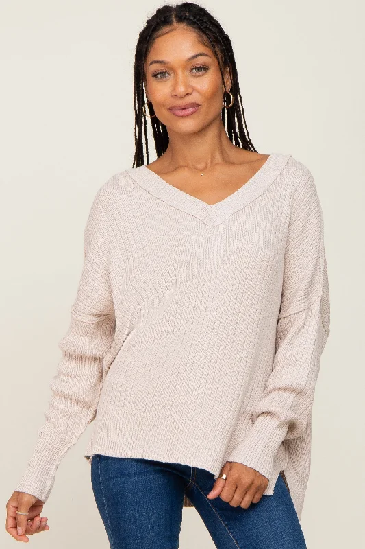 Weekend Offers That Amaze Beige V-Neck Oversized Sweater