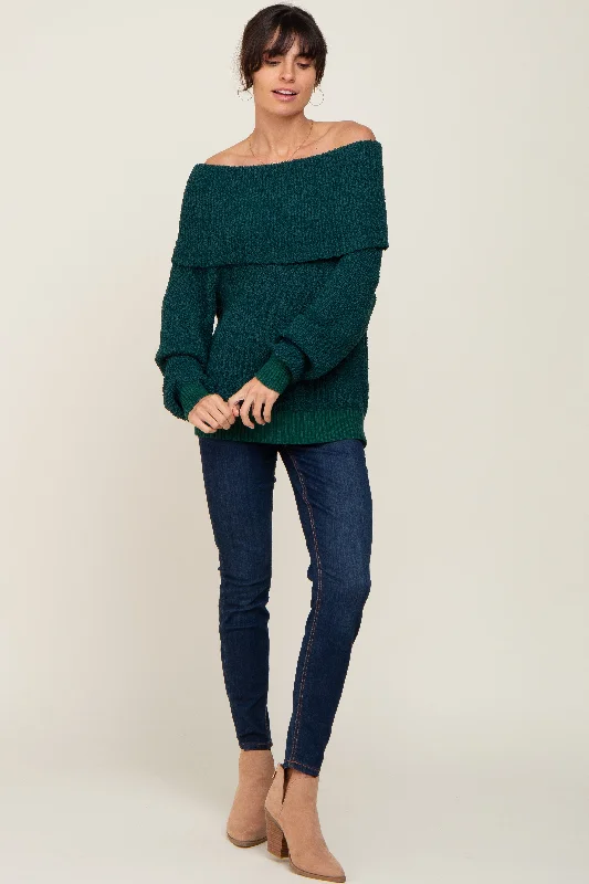 Weekend Discounts to Indulge In Forest Green Foldover Off Shoulder Sweater
