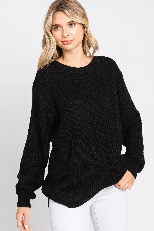Discount Mania Black Waffle Knit Round Hem Sweater