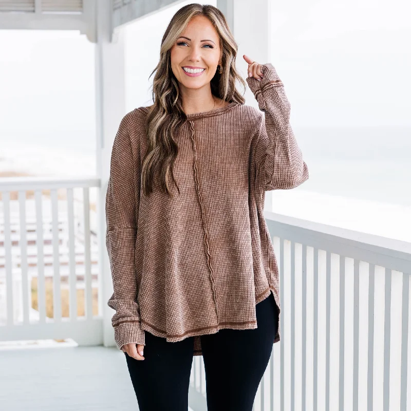 Flash Sale Cozy Waffle Pullover, Dark Camel