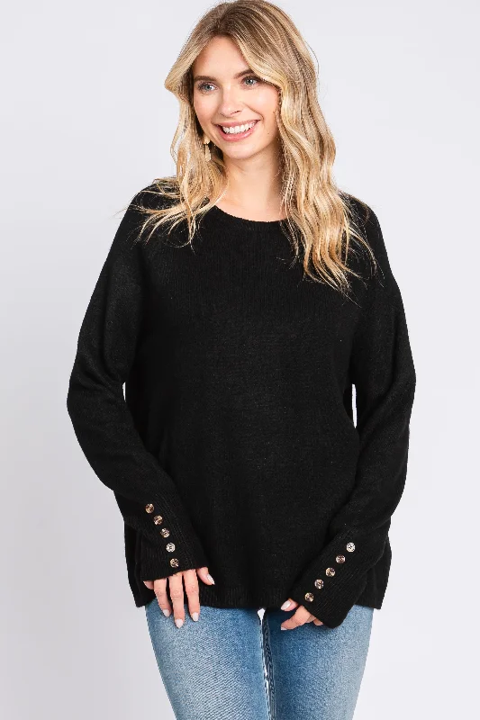 Hurry In Black Button Accent Solid Sweater