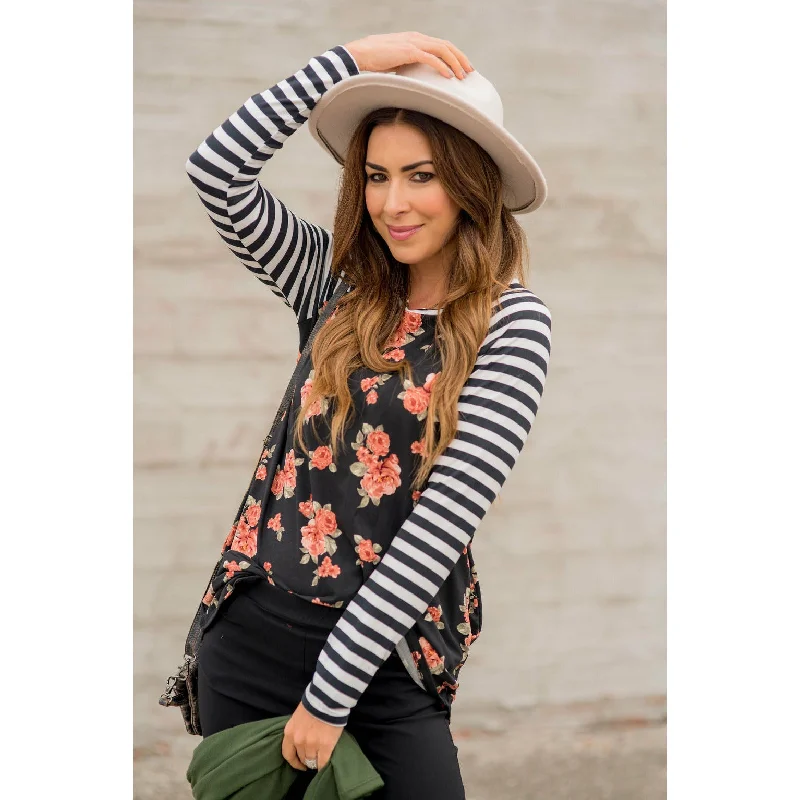 Weekend Offers That Amaze Striped Floral Body Long Sleeve Tee