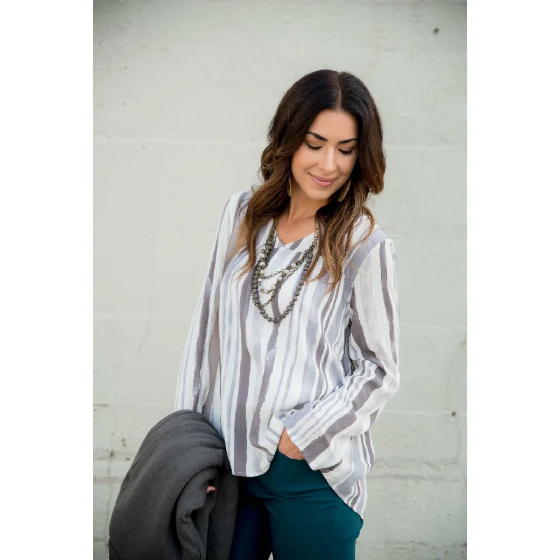 Don't Delay Striped Brush Stroke V Neck Blouse - Grey
