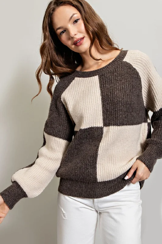 Super Savings Brown Checkered Long Sleeve Sweater
