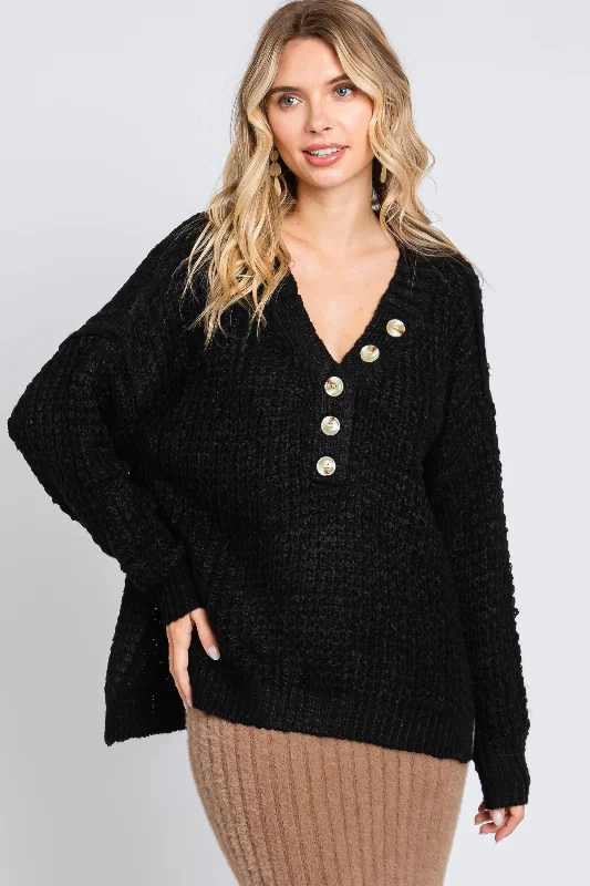 Discount Mania Black Henley Side Slit Sweater