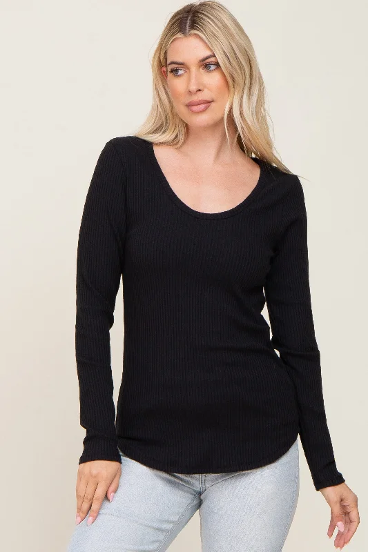 Weekend Bargains to Enjoy Black Ribbed Scoop Neck Long Sleeve Top