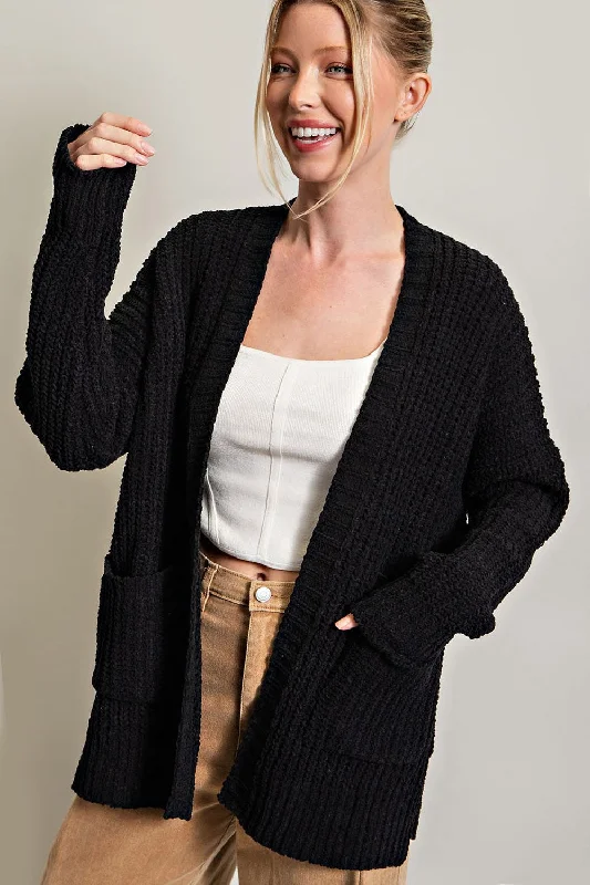 Hot Buy Black Brushed Chenille Knit Cardigan