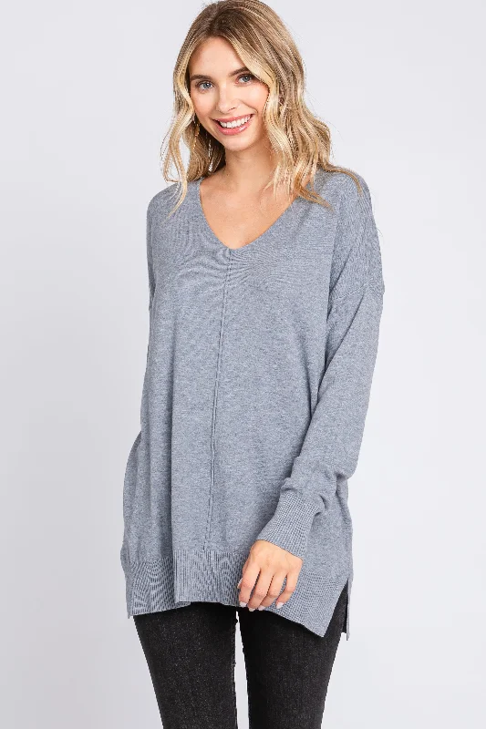 Weekend Specials to Enjoy Heather Grey Long Sleeve Side Slit Sweater