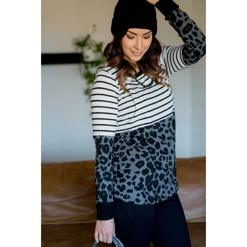 Act Fast Stripe Top Cheetah Bottom Long Sleeve Tee - Grey