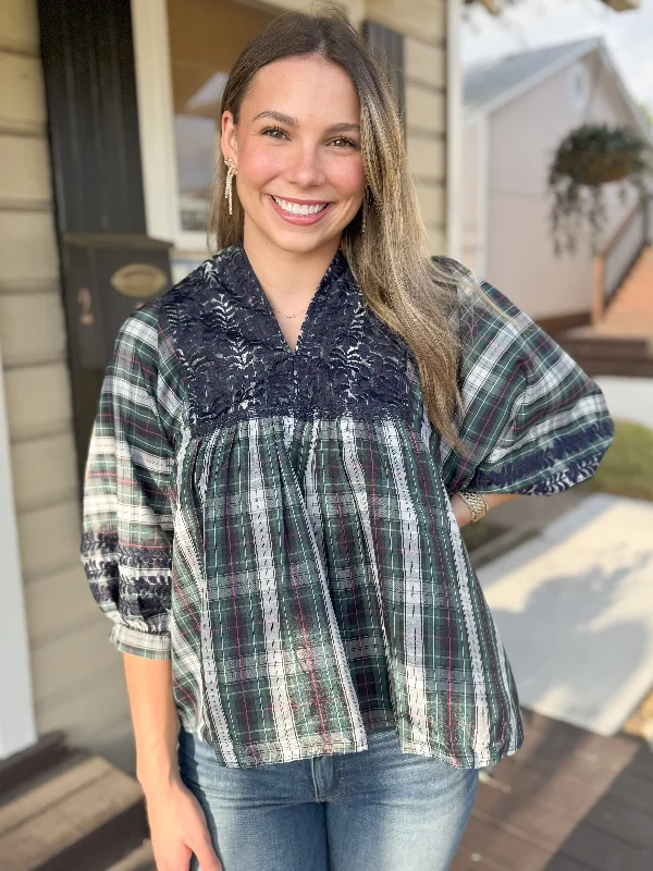 Crazy Deal The Shelley Puff Sleeve Plaid Embroidered Tunic-Navy