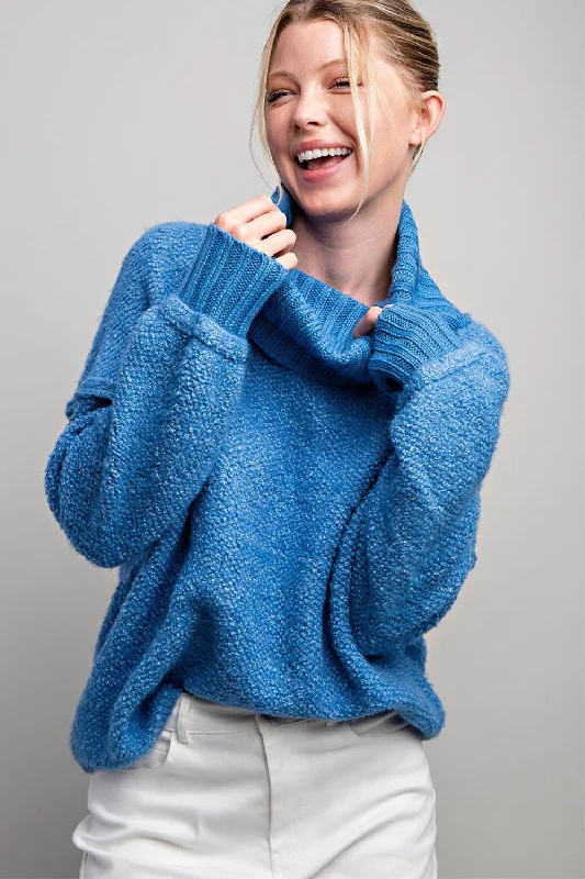 Buy Today Blue Turtleneck Boucle Sweater